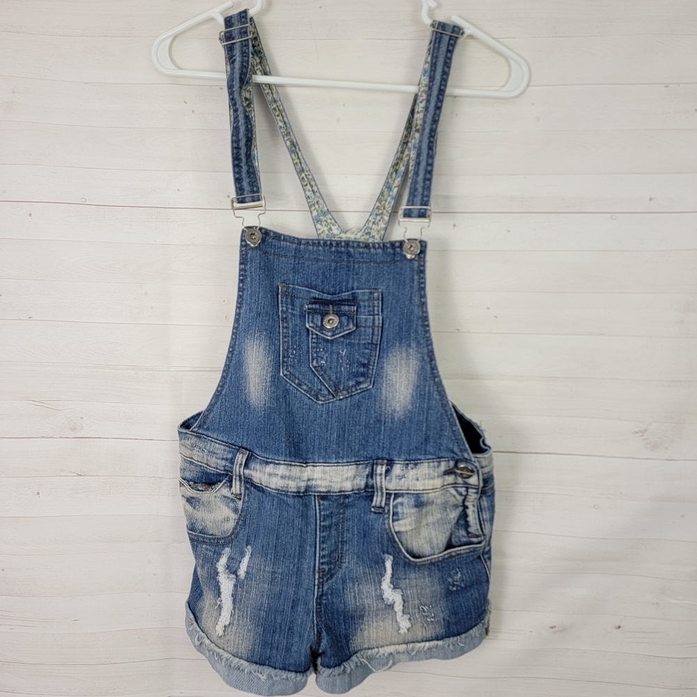 Small Distressed Denim Overall Shorts - Picture 2 of 5
